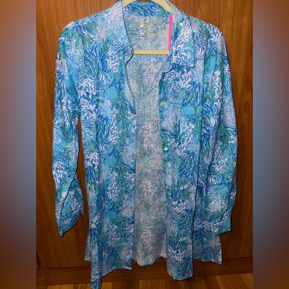 NWT Lilly Pulitzer M Sea View Swim shirt Cover-Up Blue Las Olas Aqua Current new